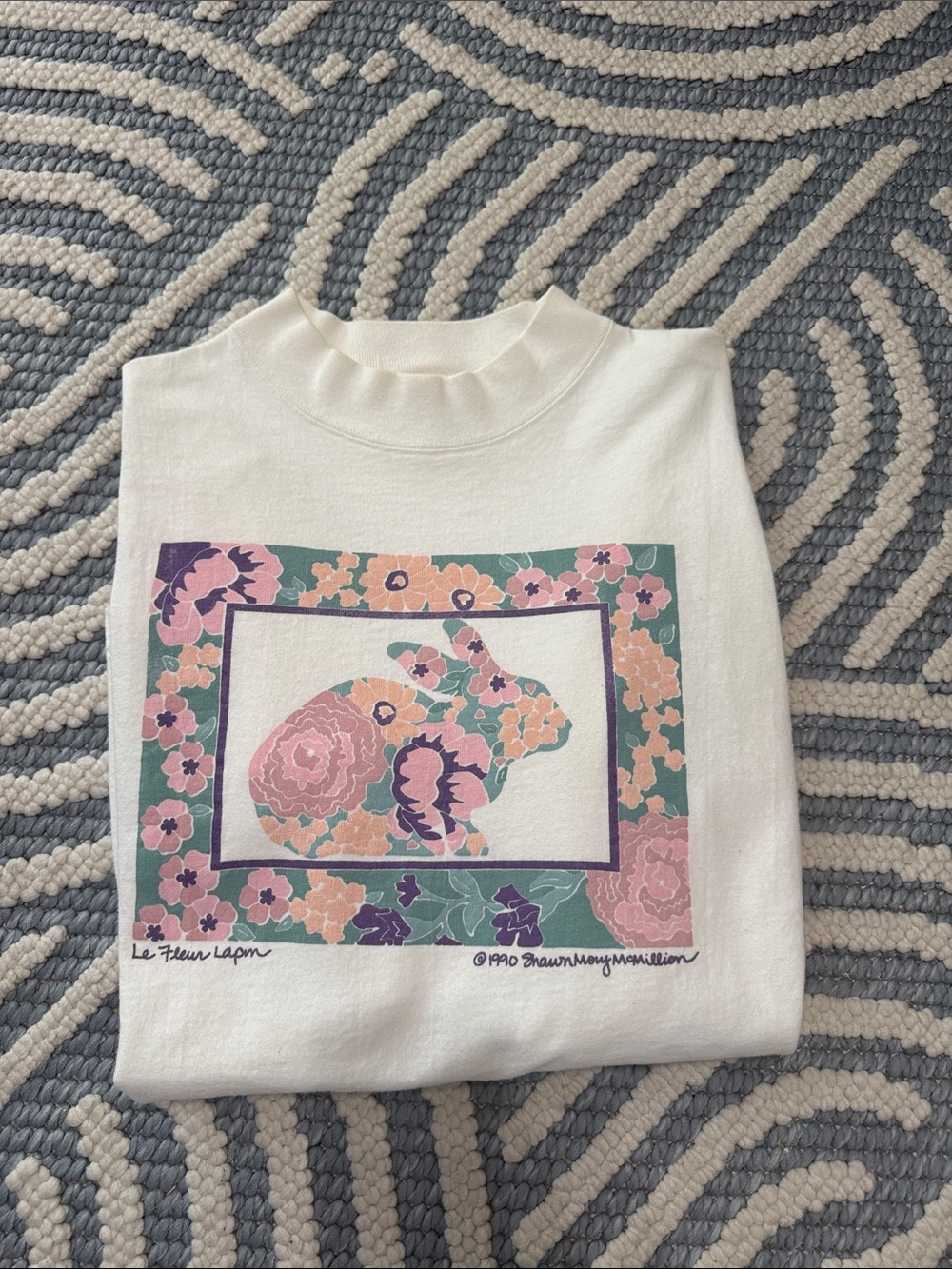 Vintage 1990 Floral Bunny Mock Neck Shirt Cottagecore Grandmacore Large